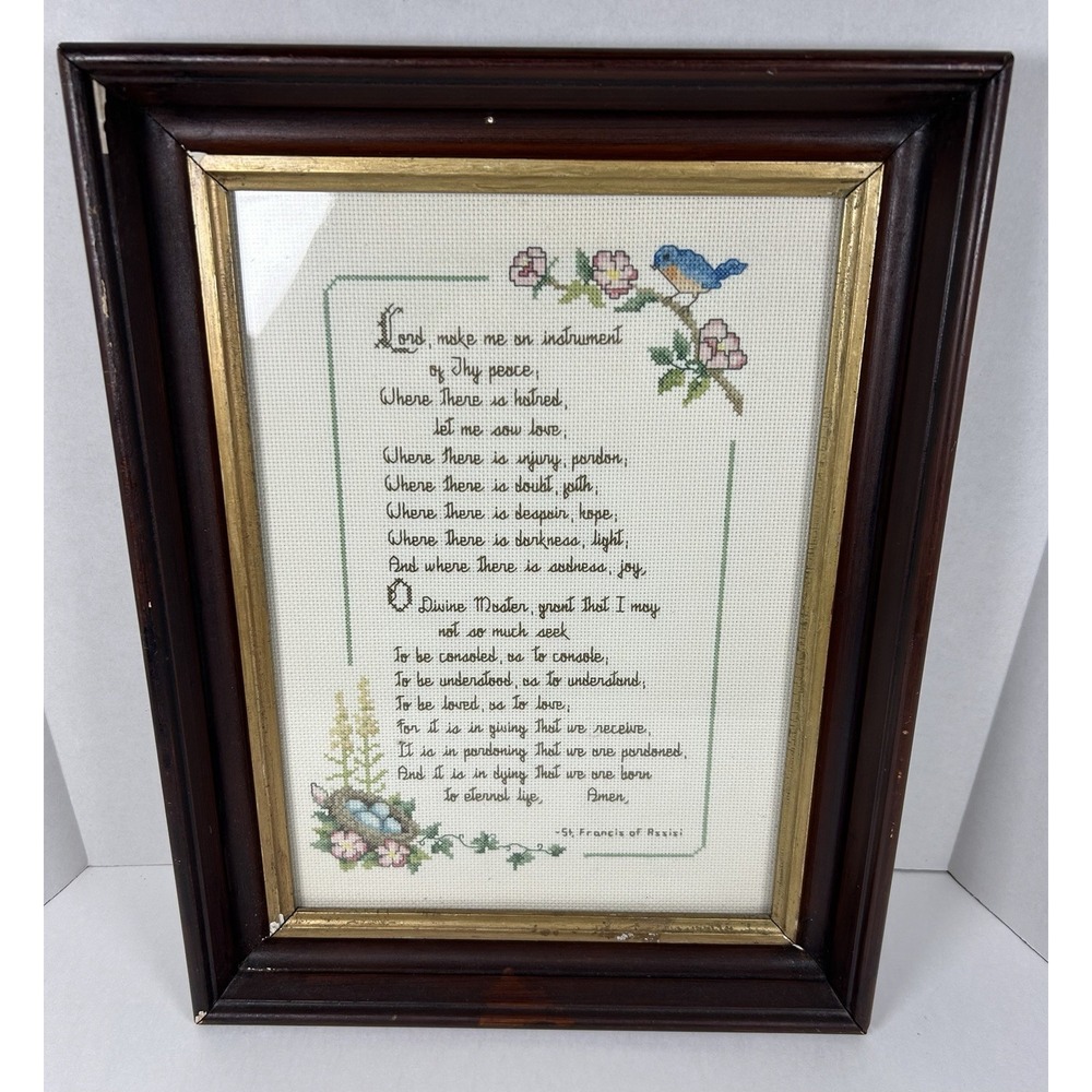 Vintage Prayer Of St. Francis Framed Cross Stitch 17.5"x13" Religious